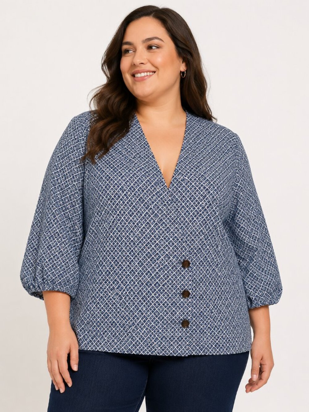 J.Jill Wearever 4X Blue White Geometric Button Front Blouse Plus Size